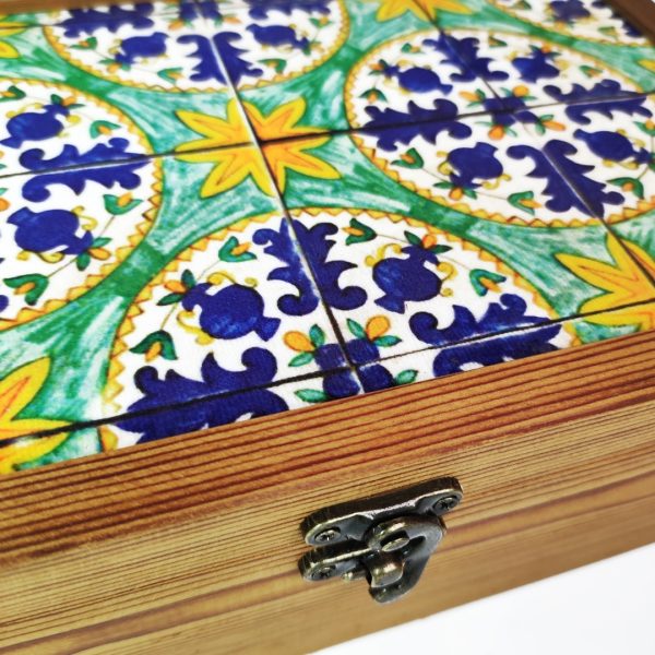 Handmade wooden gift box with high quality patterned tile top