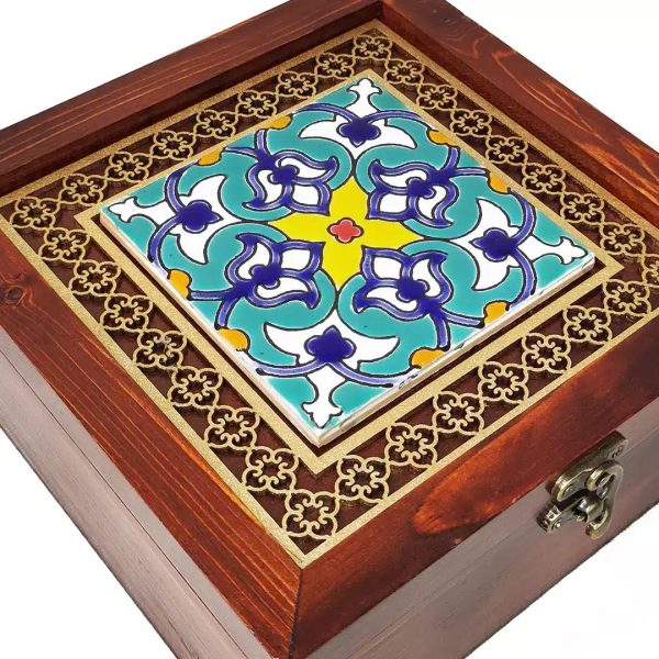 Handmade wooden gift box with high quality patterned tile top